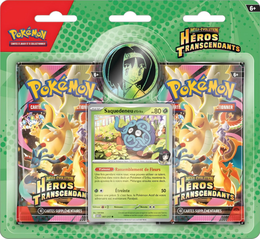 Duopack Pokémon Héros Transcendants Saquedeneu d’Erika (FR) – 2 Boosters + Carte Promo + Jeton – Produit Officiel Scellé